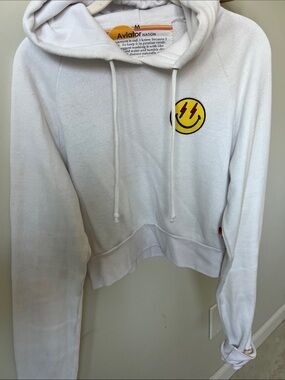 Aviator Nation White Cropped Hoodie with Yellow Lightning Smiley Patch